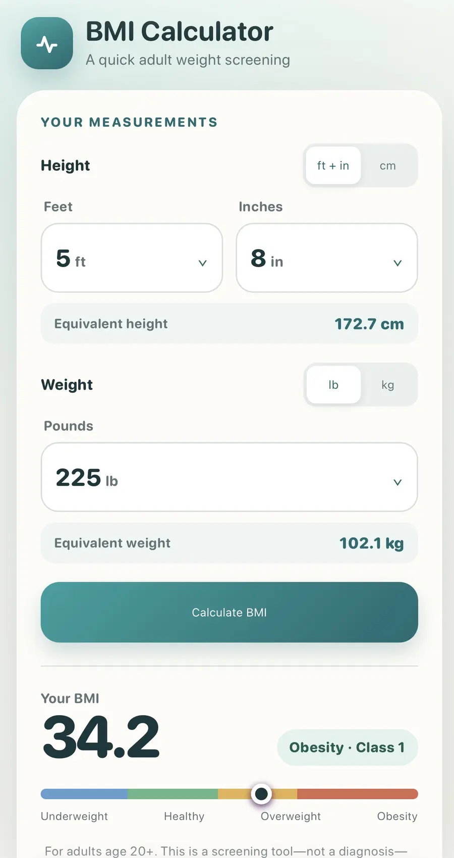 BMI Calculator measurement controls and calculated result
