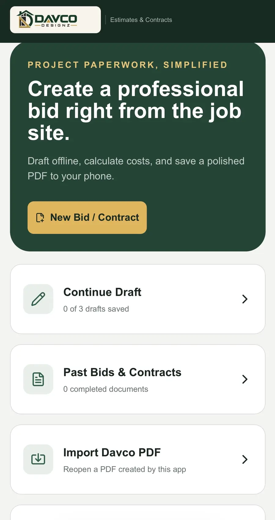 Davco estimate and contract builder home screen