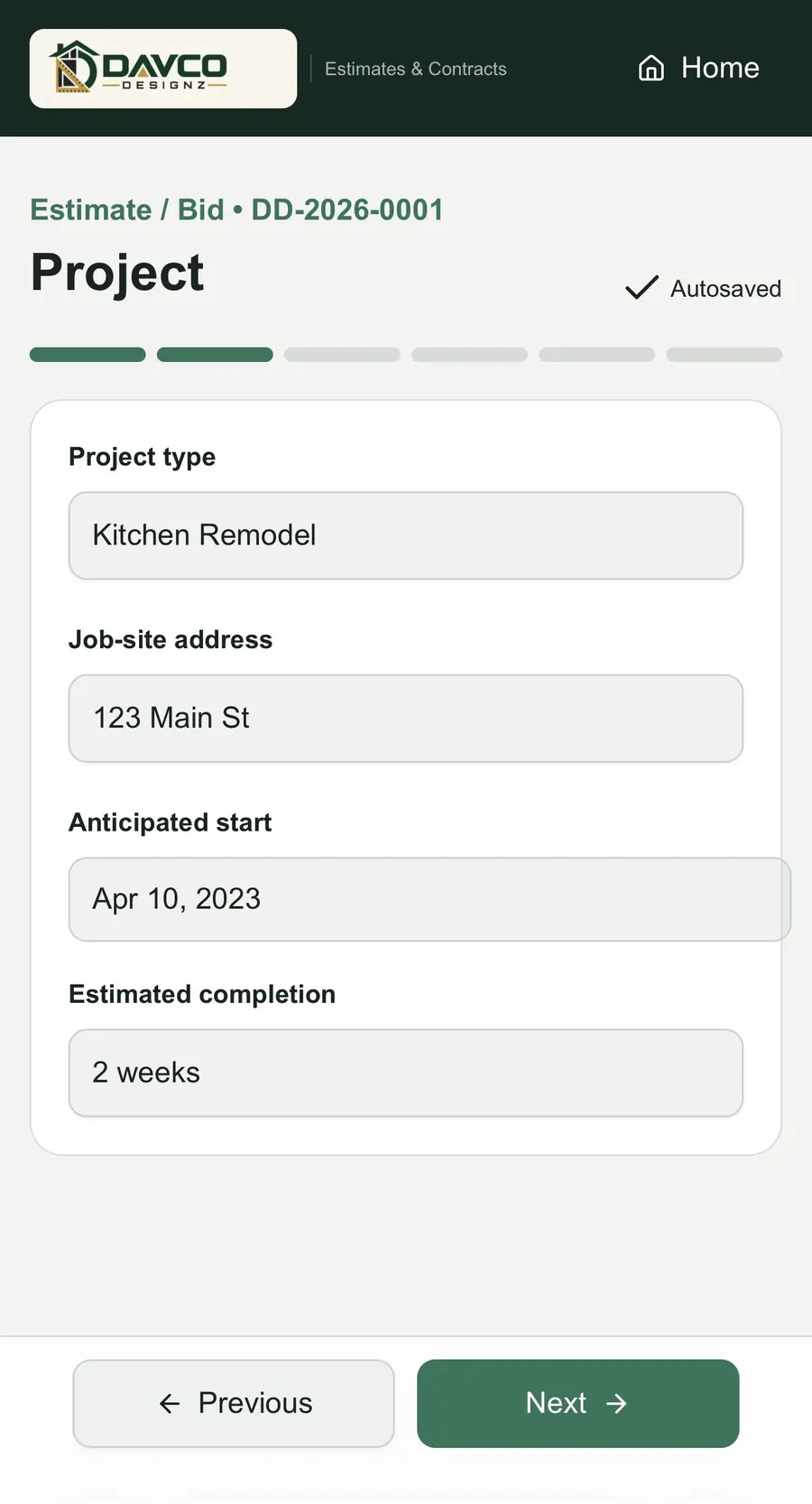 Project information step with autosave
