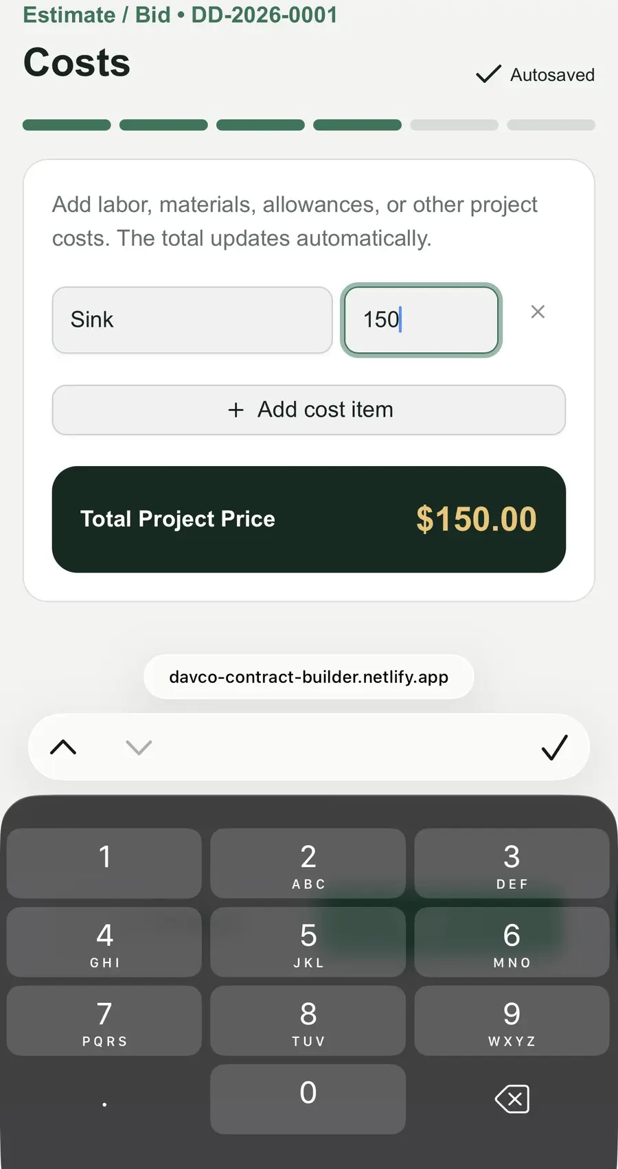 Adding a cost item to an estimate