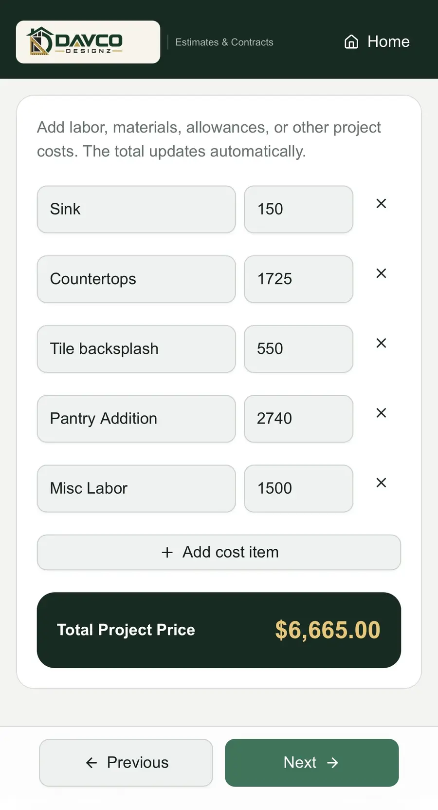 Itemized estimate with calculated project total