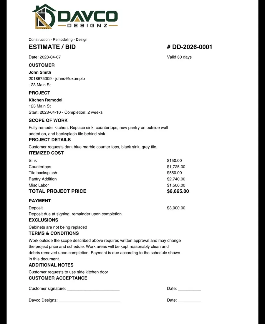 Generated Davco estimate PDF