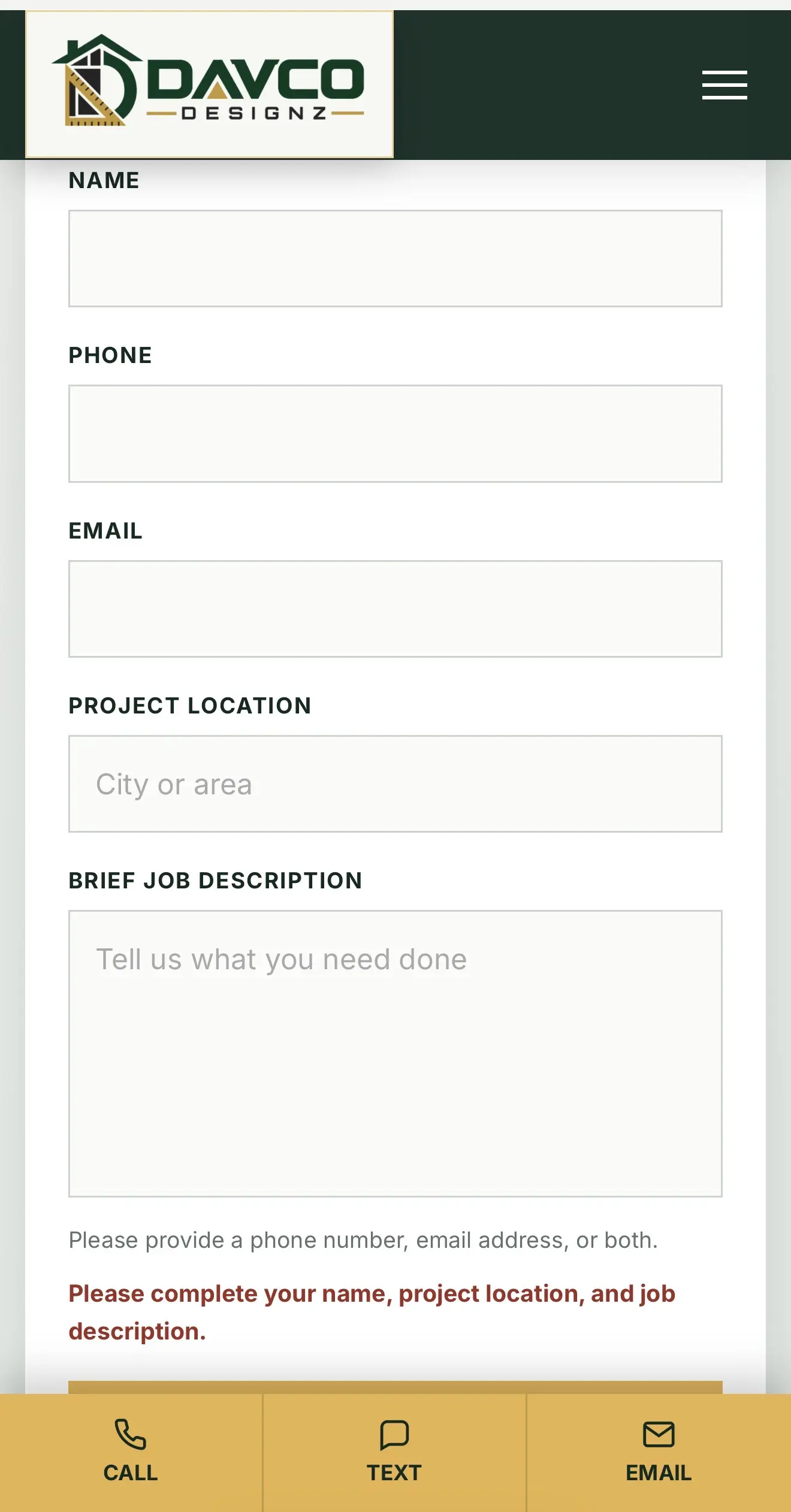 Davco Designz estimate request form