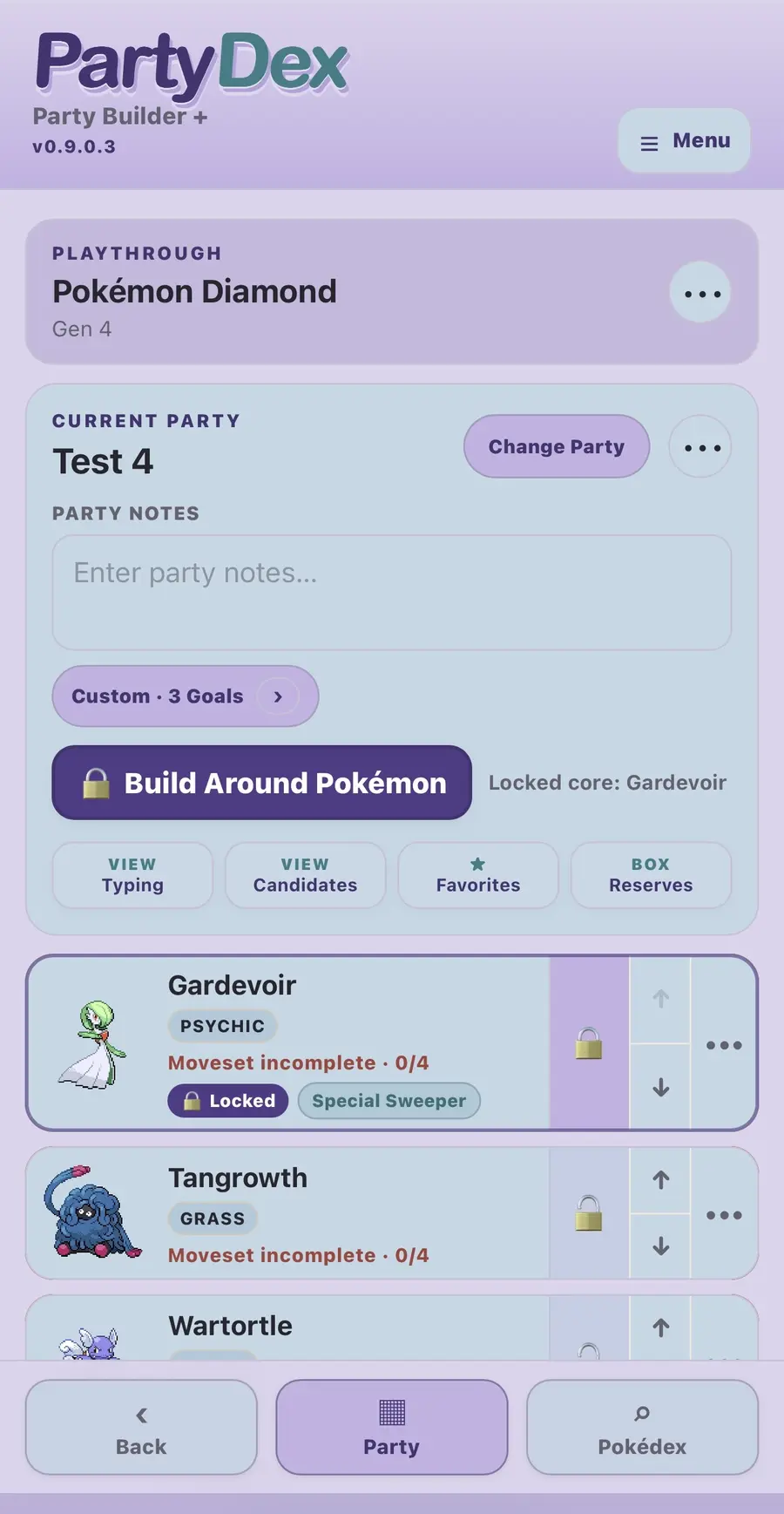PartyDex mobile party builder interface