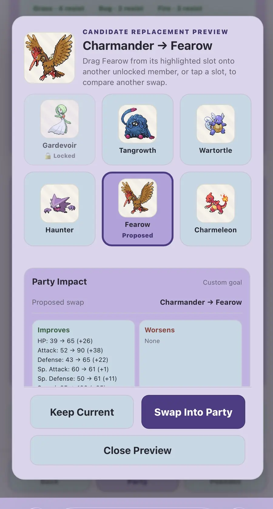 PartyDex candidate replacement and party impact preview