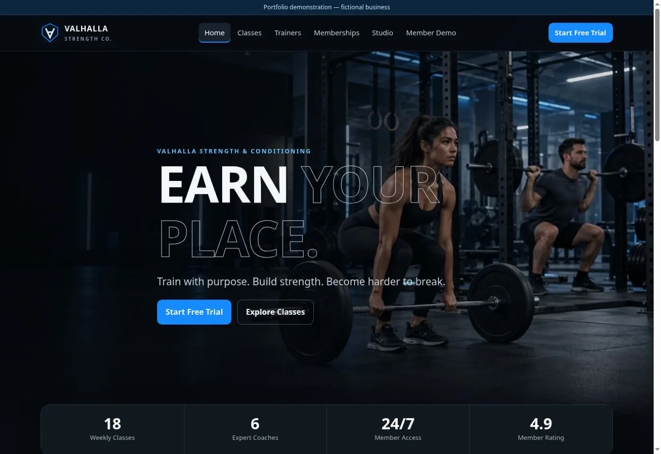 Valhalla Strength Co. fitness studio demo homepage