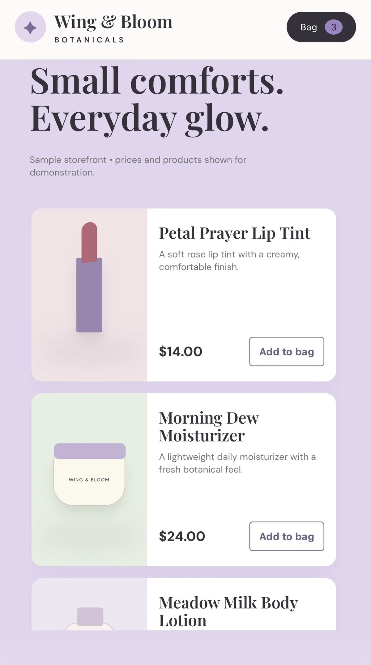 Wing and Bloom Botanicals sample storefront products